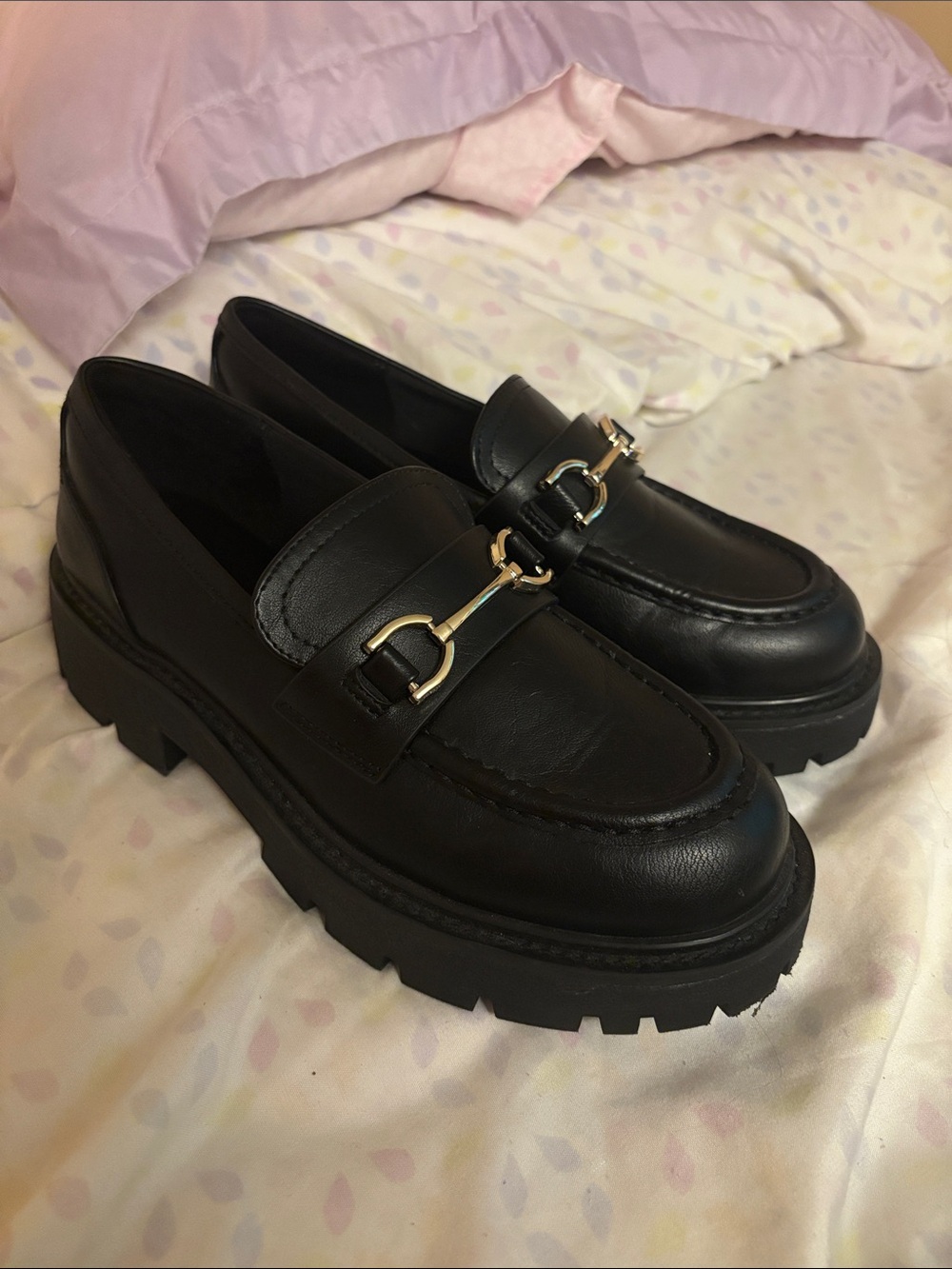 Black Women's Chunky Loafer with Gold Bit Hardware
